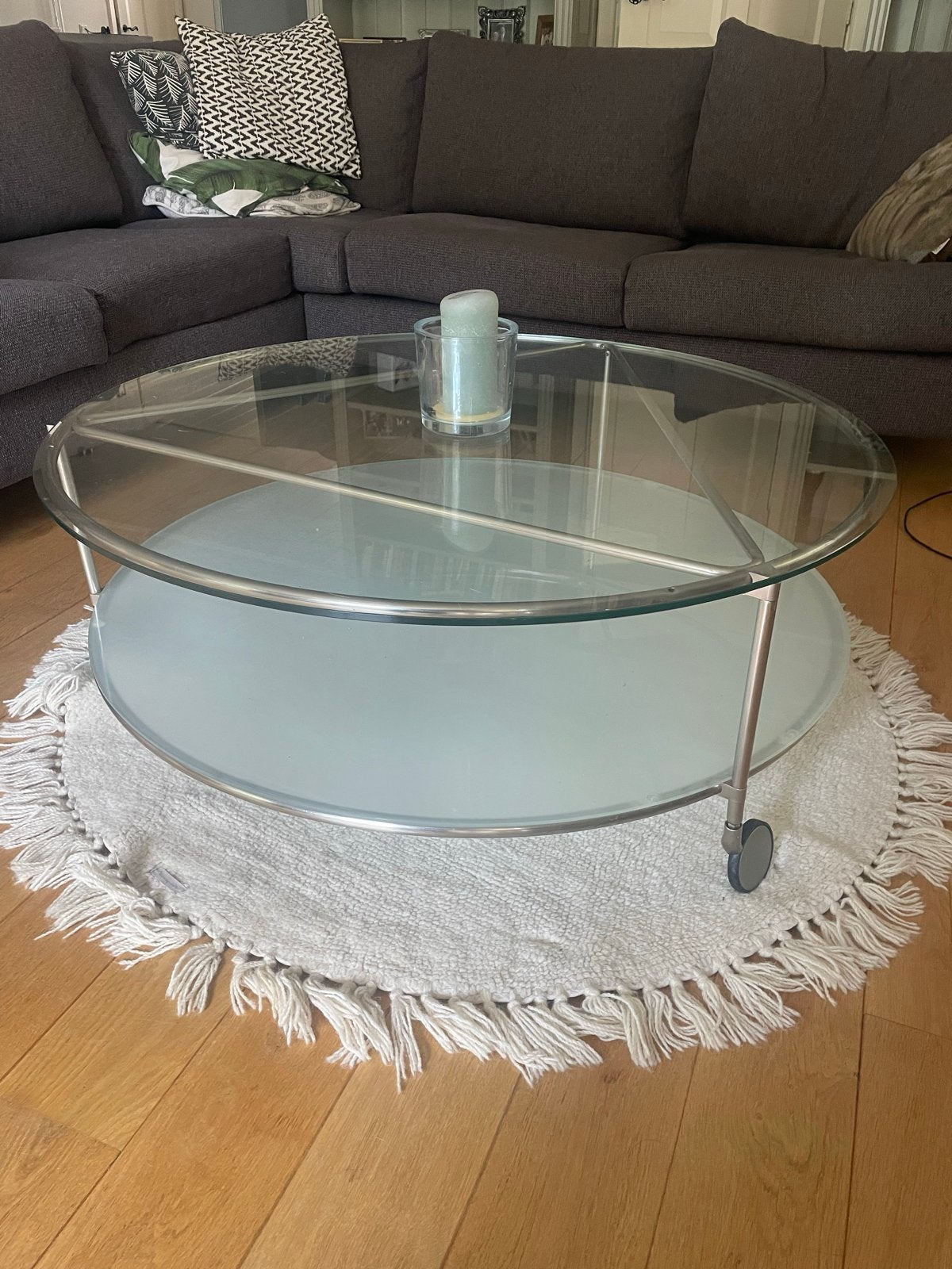 Ronde glazen salontafel, Huis en Inrichting, Ophalen, Gebruikt, 100 tot 150 cm, Rond