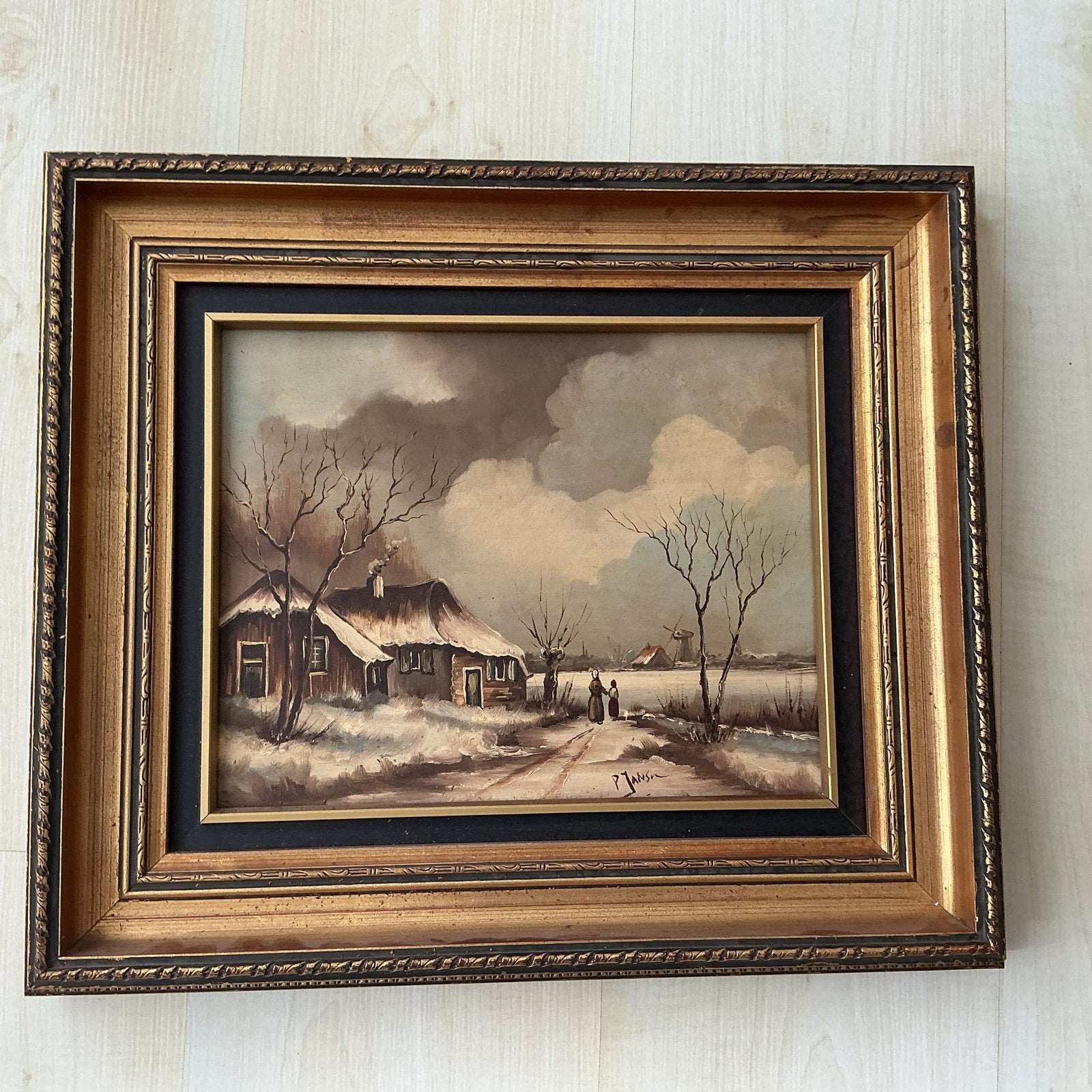 Schilderij P. Jansen- Hollands Winterlandschap, Antiek en Kunst, Ophalen, Paneel, Gesigneerd, Landschap