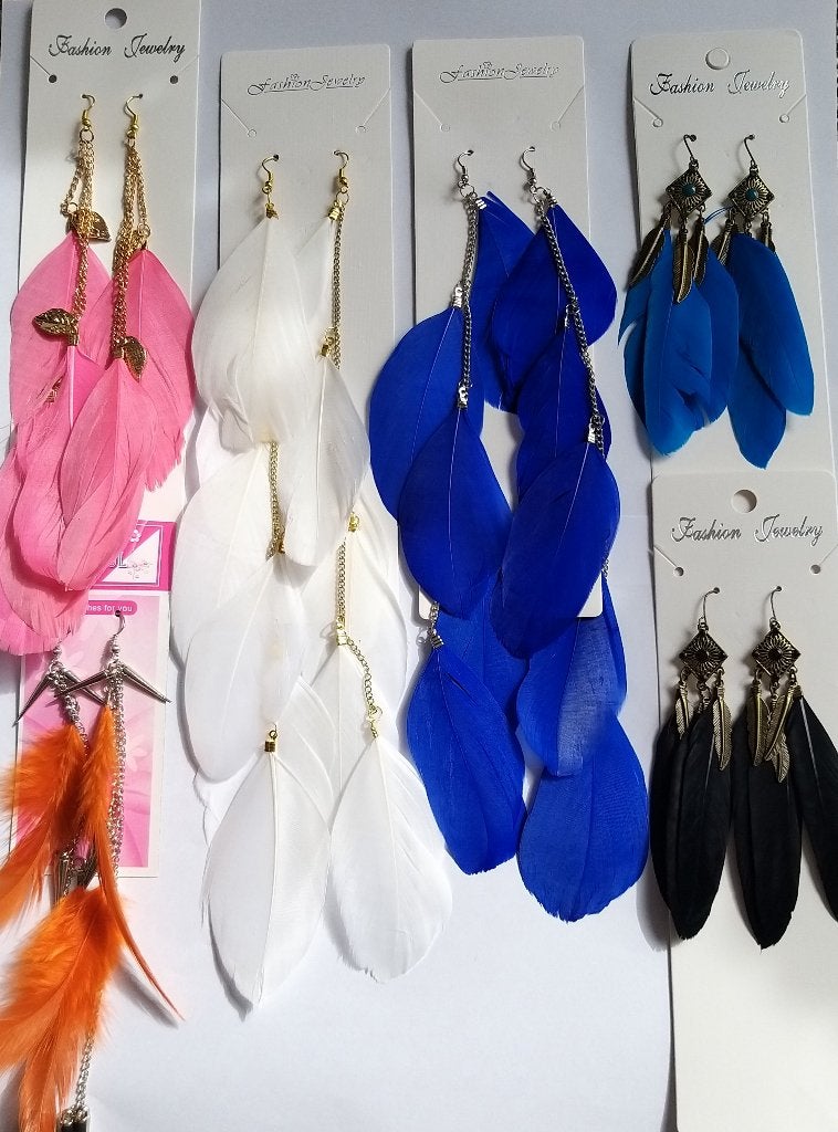 Set van 6 paar lange gekleurde veren oorbellen, Overige materialen, Hangers, Overige kleuren, Nieuw
