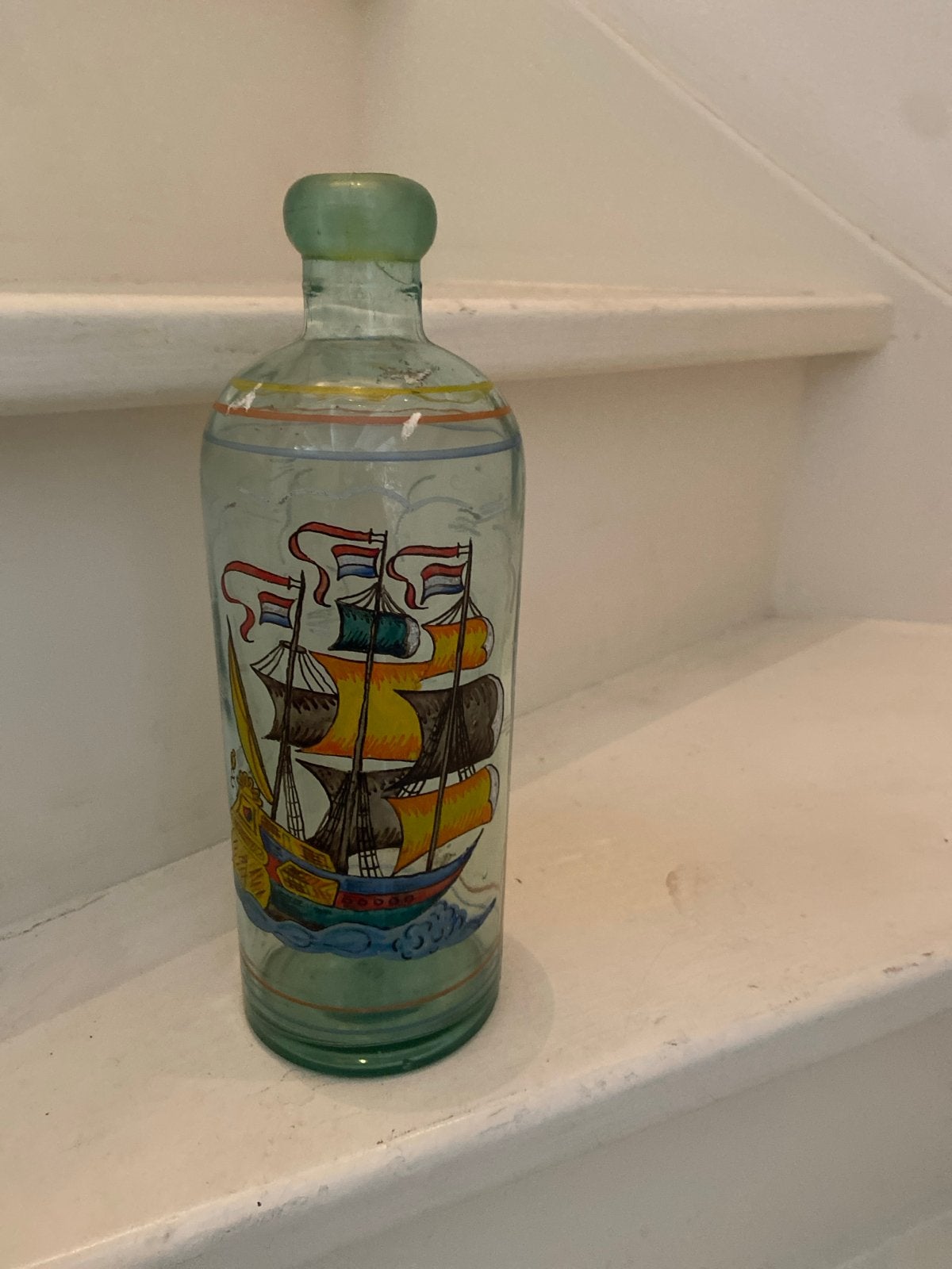 Antieke glazen fles met scheepsafbeelding, Antiek en Kunst, Ophalen