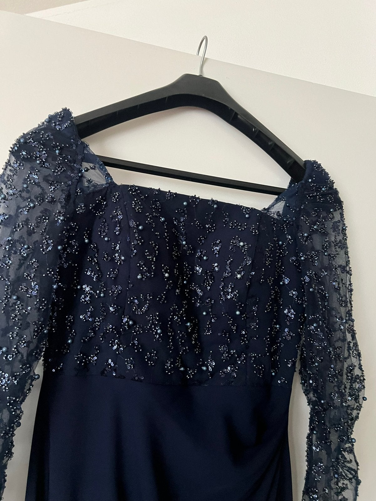 Elegante donkerblauwe galajurk met pailletten, Maat 38/40 (M), Galajurk, Blauw, Ophalen of Verzenden
