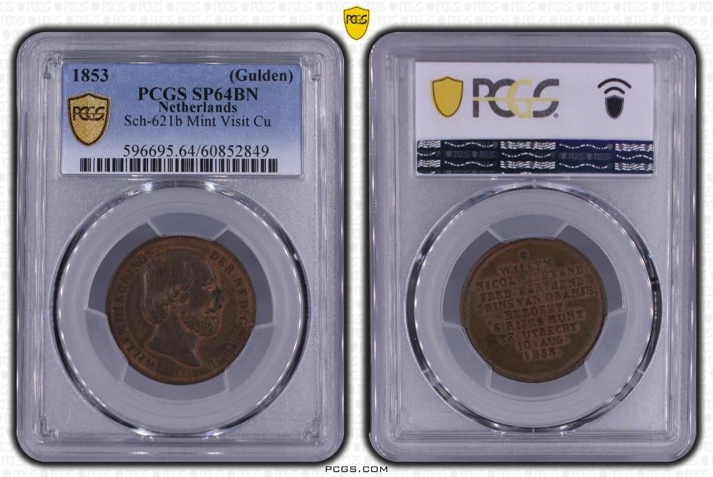 Nederland - Gulden ontwerp 1853 in PCGS SP64 BN, Postzegels en Munten, Munten | Nederland, Ophalen of Verzenden, Koning Willem III