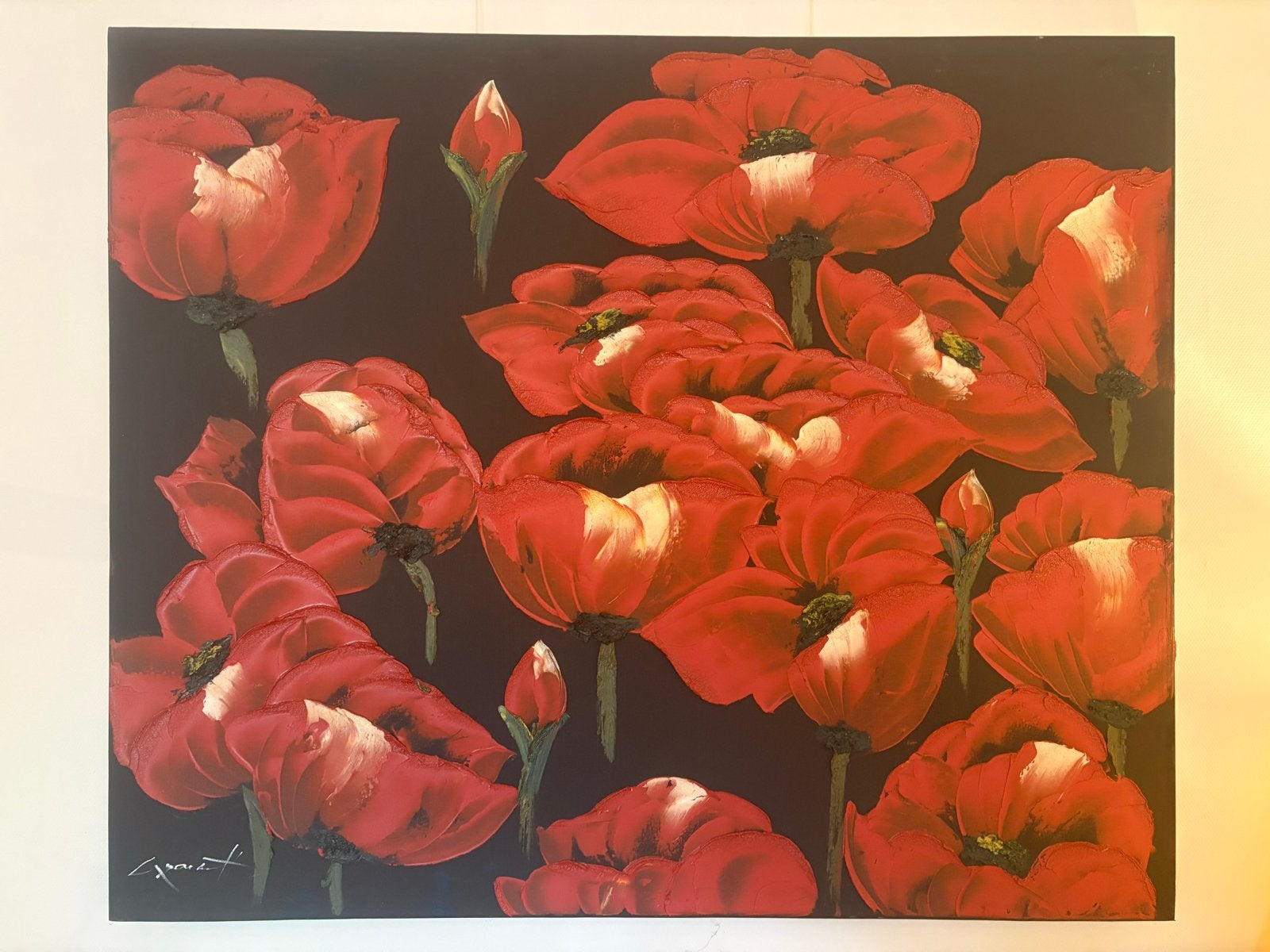 Levendig rood: Olieverf op canvas - 120x100cm, Ophalen, Handgeschilderd, Olieverf, Bloemen