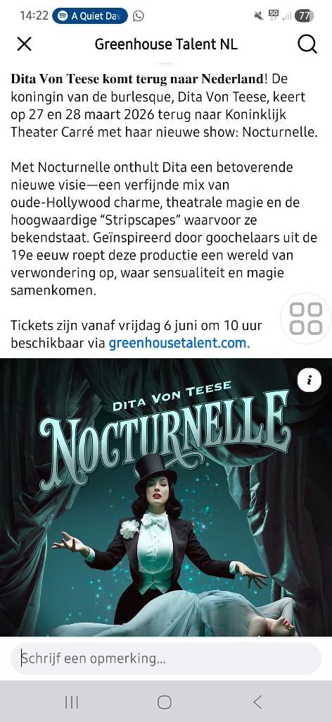 Kaarten Dita Von Teese Nocturnelle, Twee personen, Ticket of Toegangskaart