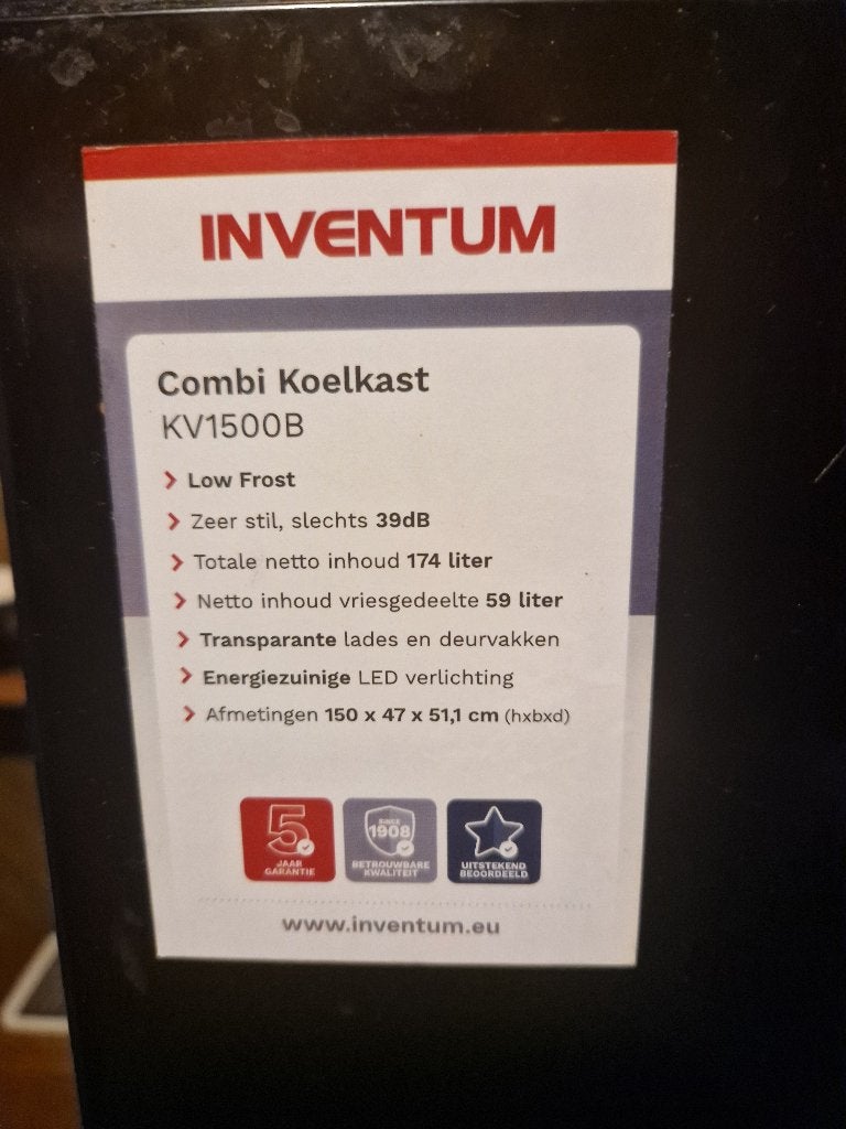 Inventum KV1500B Combi Koelkast - Zwart, 174L Totaal, Witgoed en Apparatuur, Koelkasten en IJskasten, Ophalen, 150 tot 200 liter