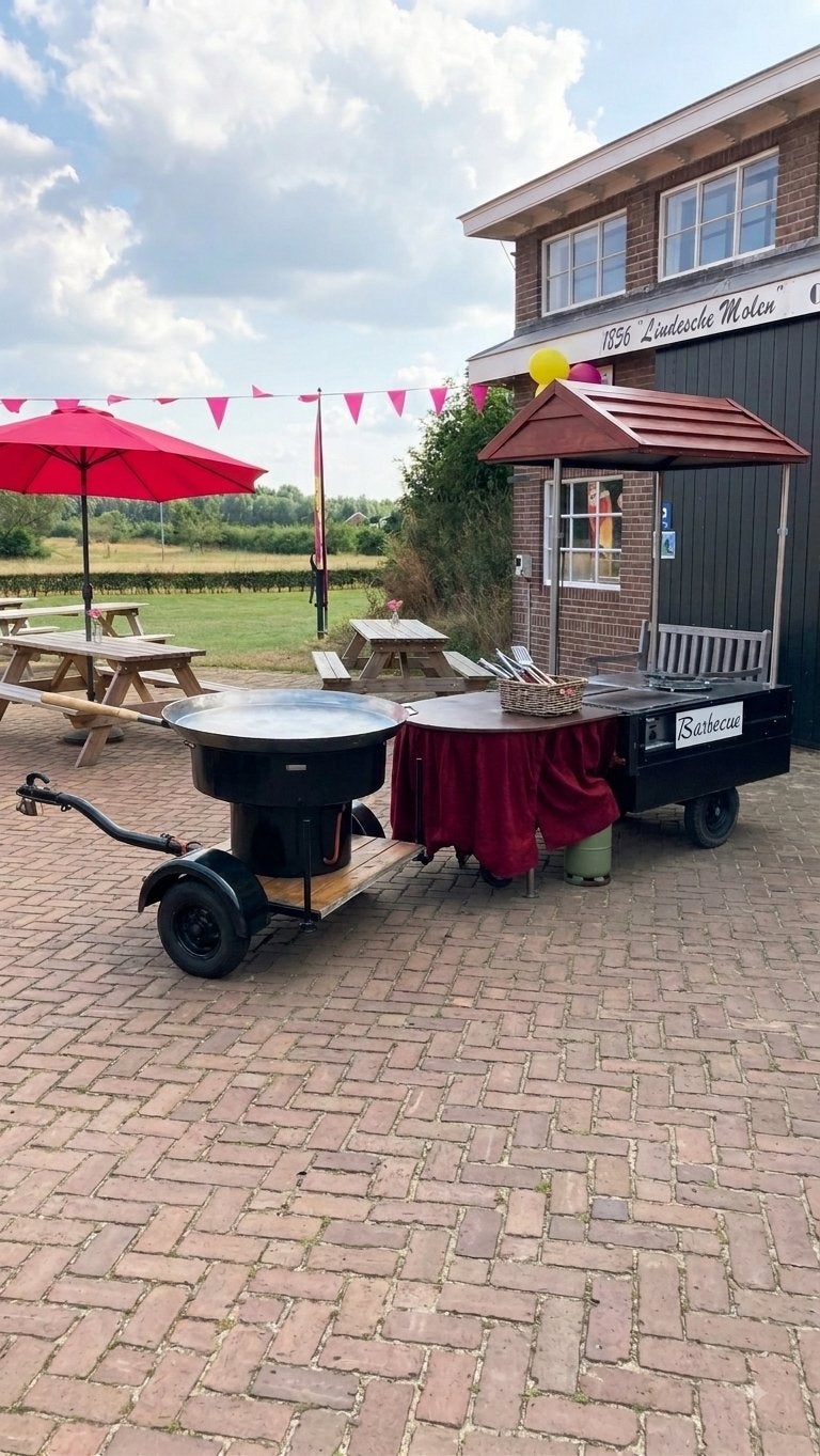Te Huur: Megagrote 1-Meter Pan & Complete Barbecue aanhanger, Ophalen, Zo goed als nieuw