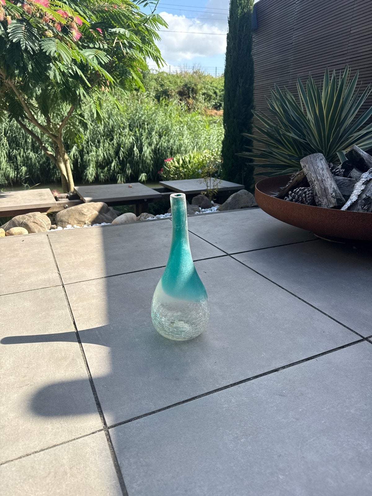 PTMD Decoratieve glazen vaas, turquoise en wit, Ophalen of Verzenden