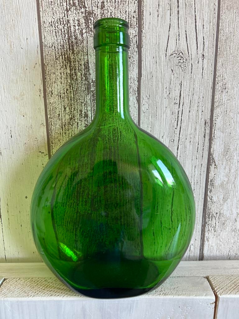 Vintage Groene Glazen Fles - 25 cm Hoog vaas glas groen, Antiek en Kunst, Ophalen of Verzenden