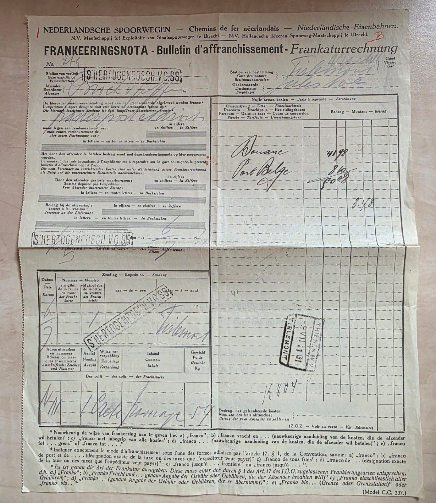 130) FRANKEERINGSNOTA 1931 NEDERLANDSCHE SPOORWEGEN, Verzamelen, Spoorwegen en Tramwegen, Verzenden, Gebruikt, Trein, Overige typen