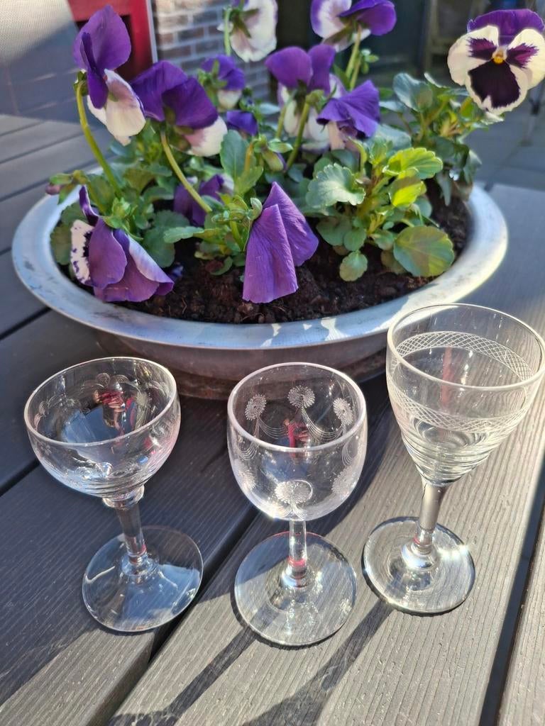Antieke borrelglas met gravering, Ophalen of Verzenden, Zo goed als nieuw, Borrel- of Shotglas