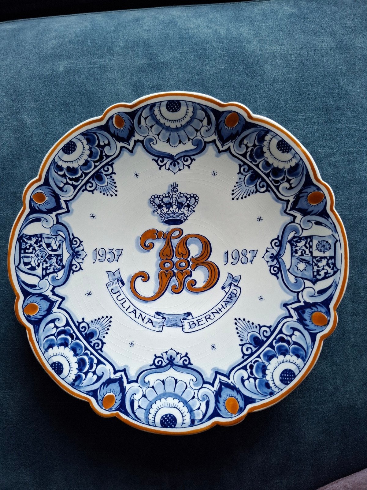 Delfts Blauw Herdenkingsbord Juliana & Bernhard 1937-1987, Ophalen