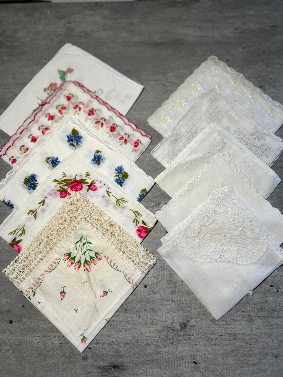 10 x antiek vintage zakdoekjes borduur kant rand bloem, Ophalen of Verzenden