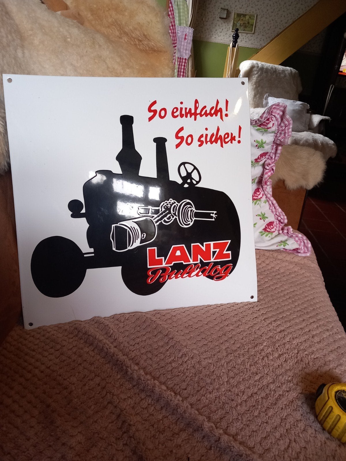 super mooie  groot emaile bord  40x38cm Lanz bulldog, Ophalen of Verzenden, Zo goed als nieuw, Reclamebord