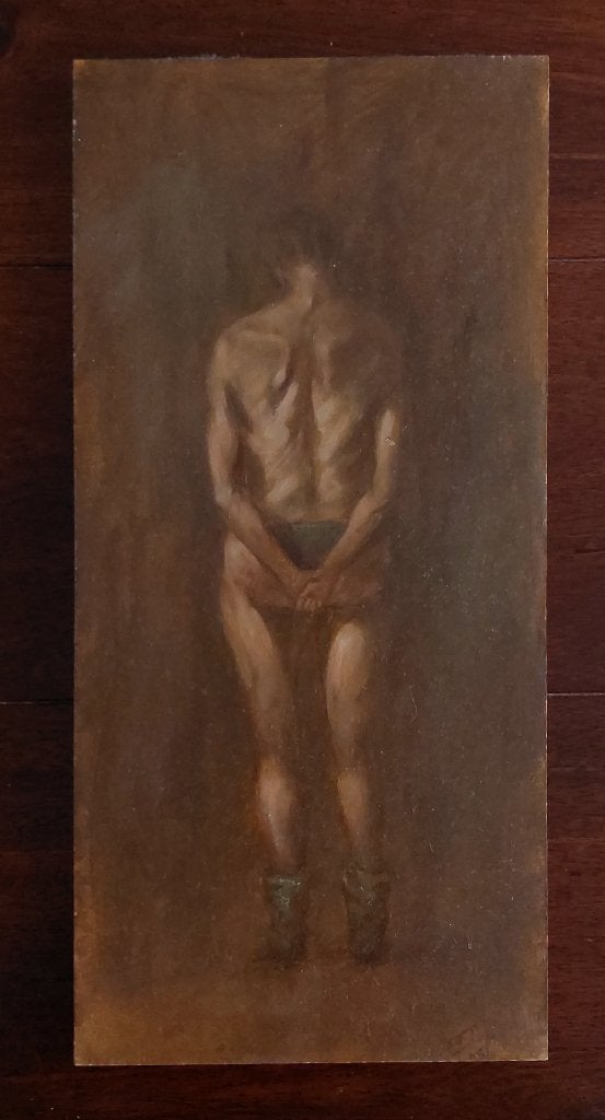 Olieverfstudie - Vrouwelijk naakt op de rug gezien, Paneel, Portret of Personen, Ophalen of Verzenden, Olieverf