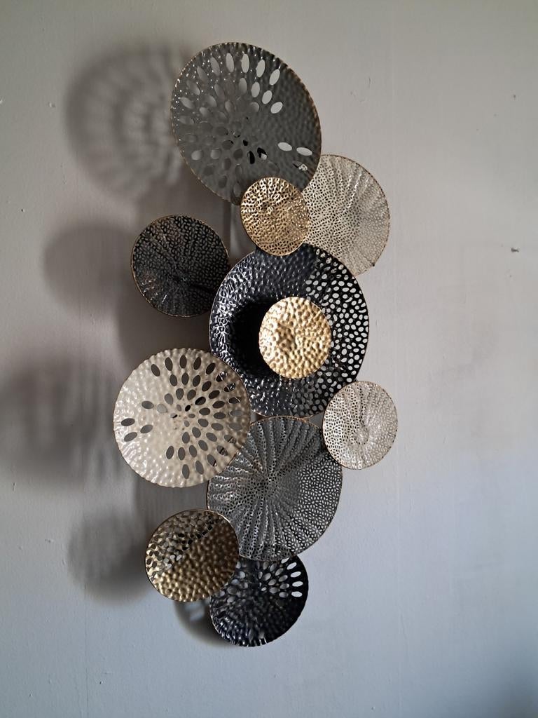 Moderne metalen wanddecoratie - goud, zilver, zwart, Metaal, Wandsculptuur, Meerkleurig, Ophalen of Verzenden