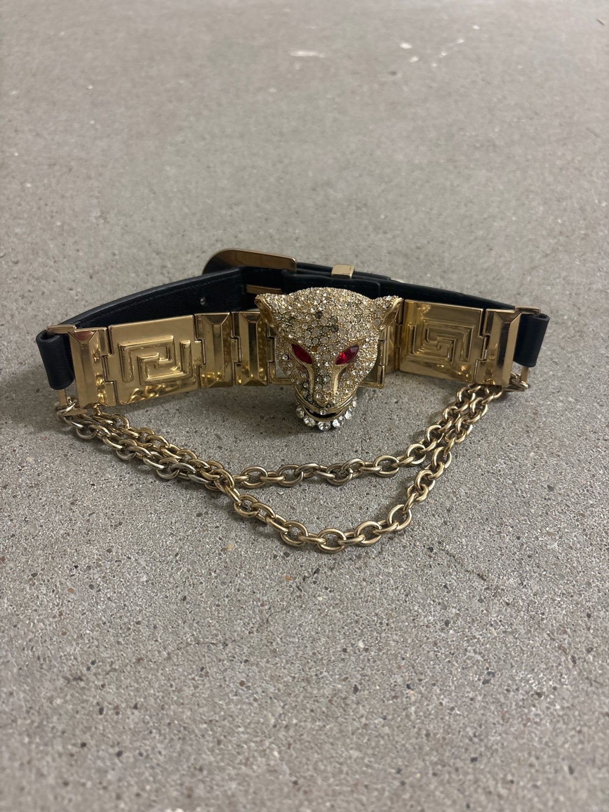 Versace for H&M Panter ketting Goud Zwart, Met kristal, Zwart, Leer, Ophalen of Verzenden