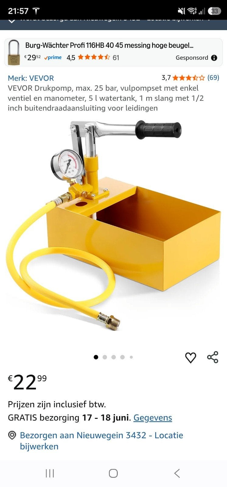 VEVOR Drukpomp 25 bar, 5L tank, 1m slang 1/2 inch, Ophalen, Nieuw, Handmatig