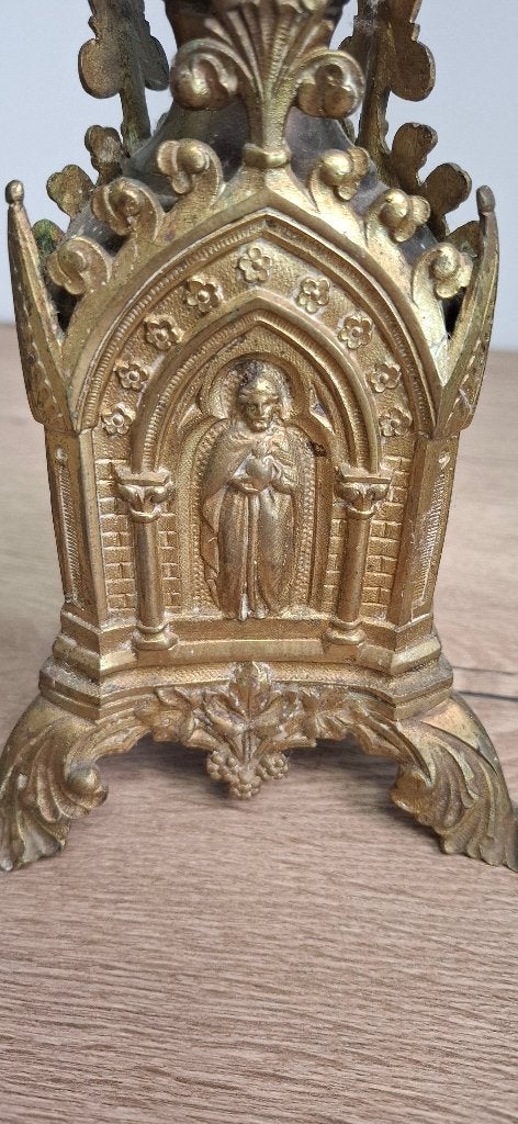 Antieke neogotische kerkkandelaar messing 55 cm - religieus, Ophalen of Verzenden, Koper of Brons