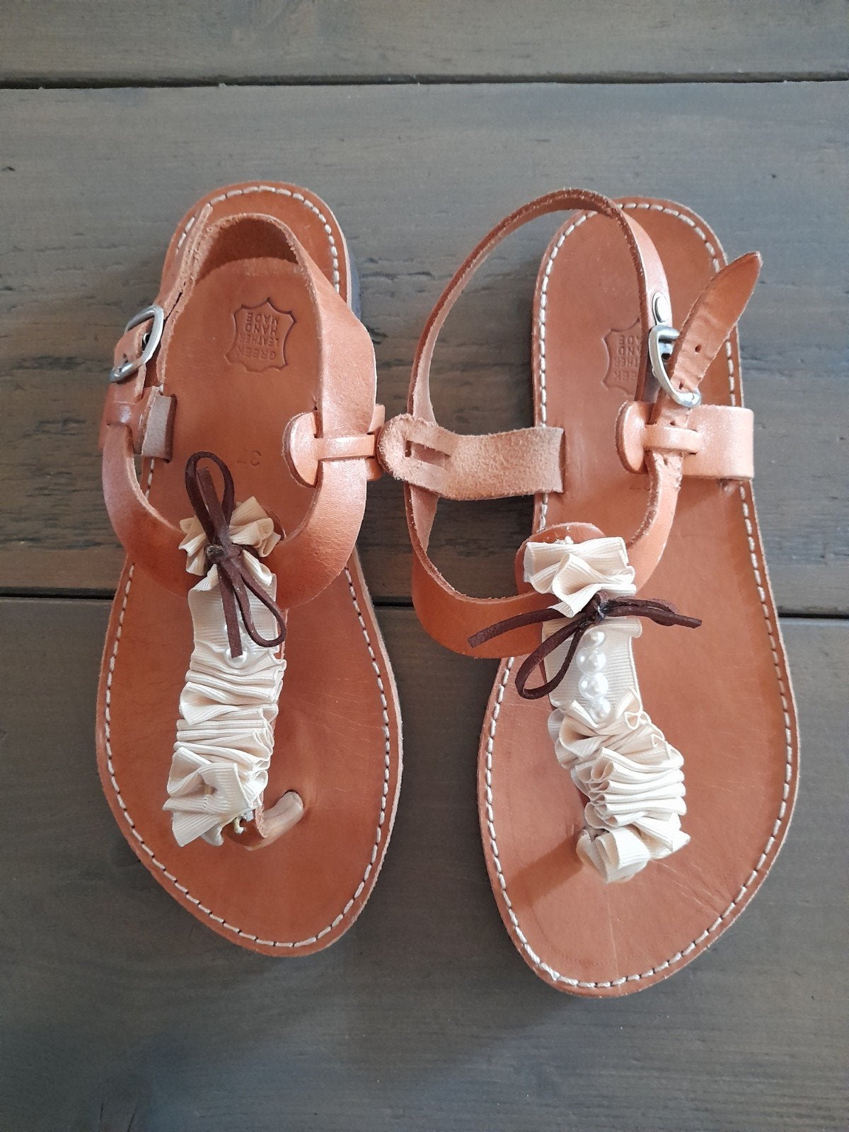 Handgemaakte Griekse leren sandalen - Maat 37, Bruin, Zo goed als nieuw, Sandalen of Muiltjes, Greek Leather Hand Made