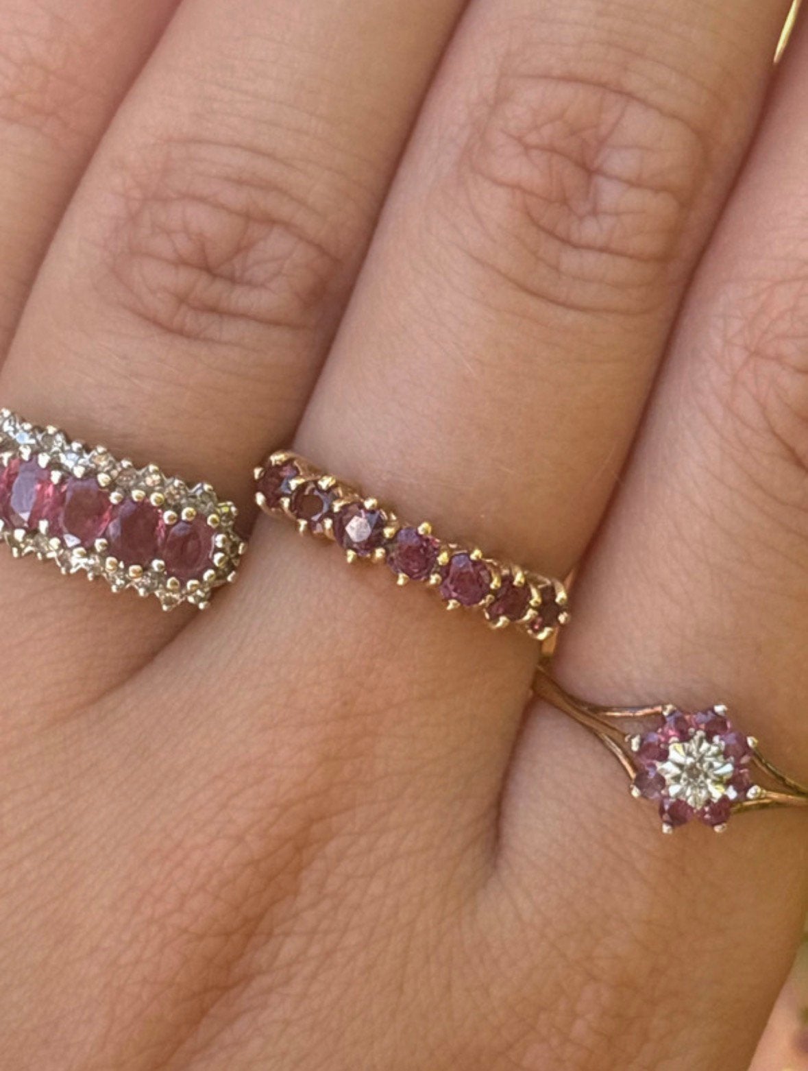 Vintage 9 karaat gouden half eternity ring met roze stenen, Ophalen of Verzenden, Zo goed als nieuw, 17 tot 18, Roze