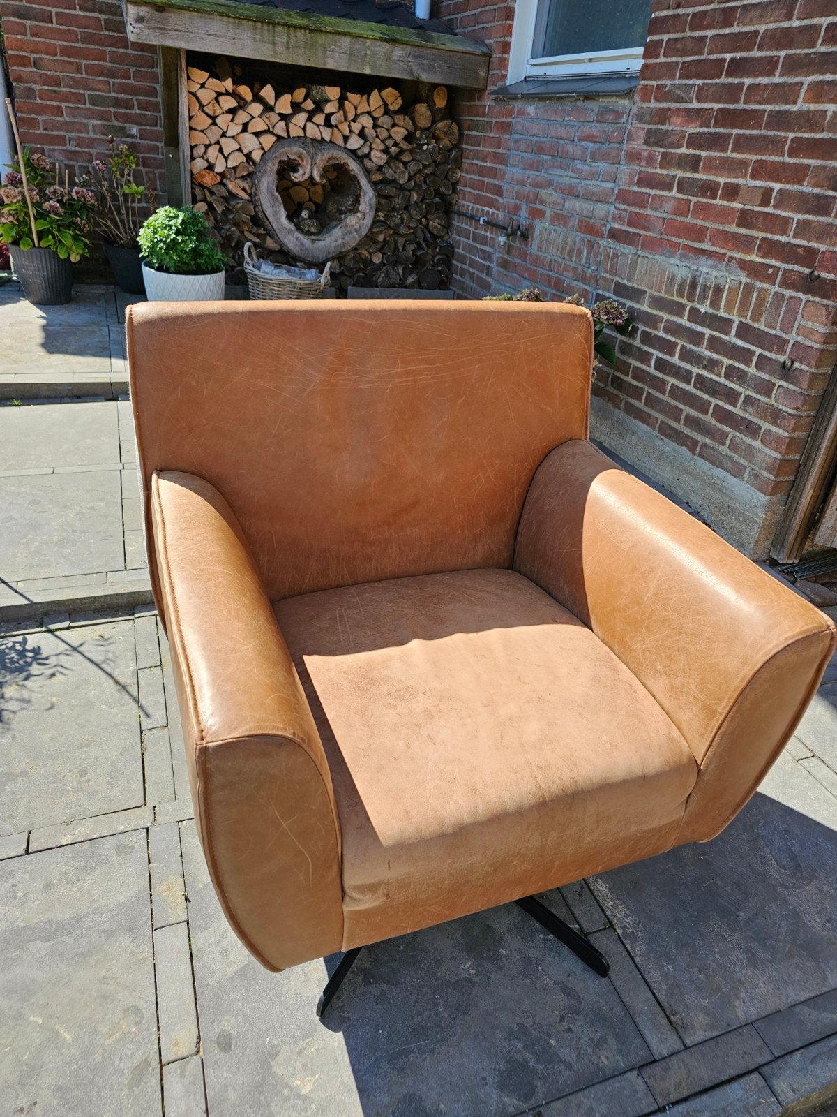 Juchtlederen Montel draaistoel - 83x80x85 cm, Huis en Inrichting, Ophalen, Gebruikt, Bruin, Leer