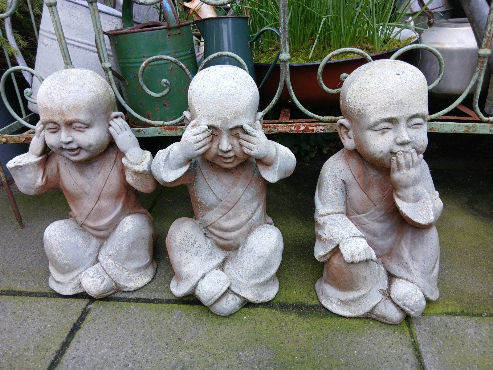 Set van 3 grote Budha's/Monniken beelden, Horen, Zien, Zwijg, Ophalen, Gebruikt, Steen/keramiek, Grijs