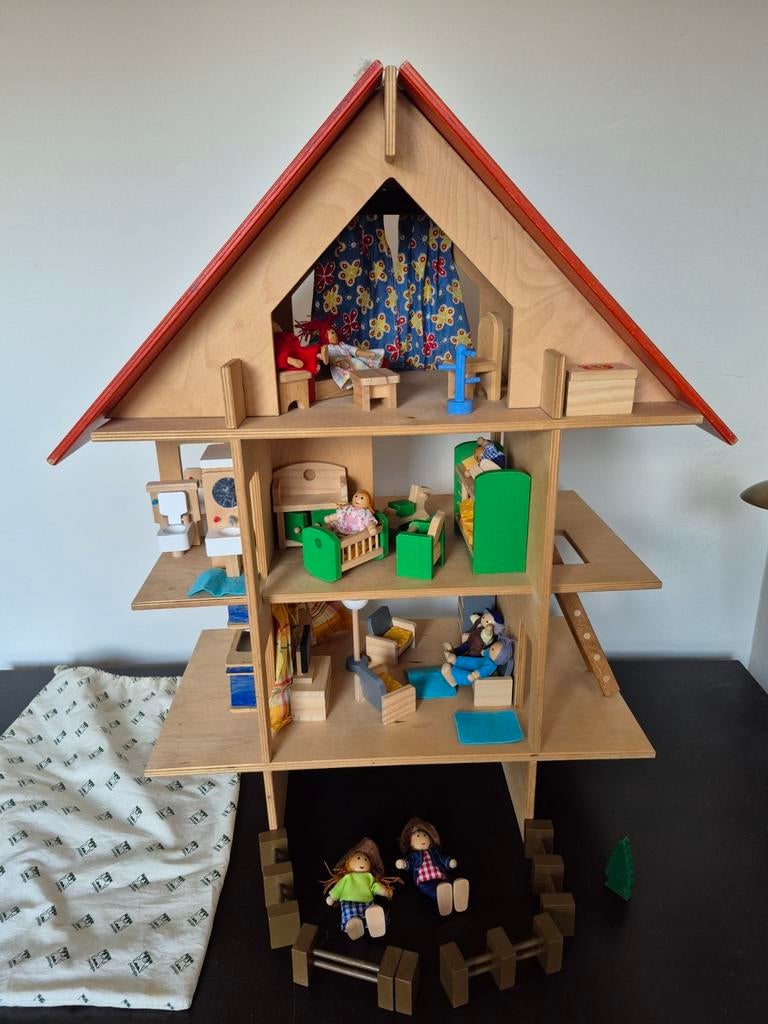 Groot Janbibejan poppenhuis met meubels en poppen, Ophalen of Verzenden, Gebruikt, Poppenhuis