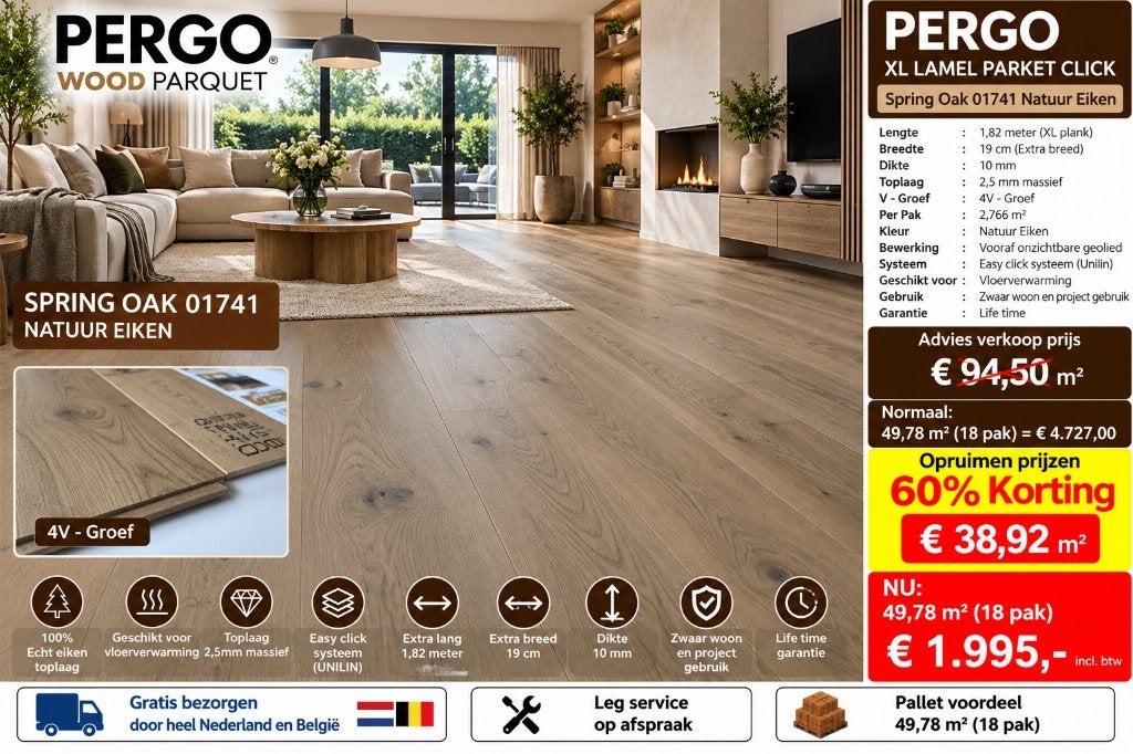 49,78 Lamel Parket Click Spring Natuur Eik 01741 18pak=€1995, Parket, Bruin, 75 m² of meer, Nieuw