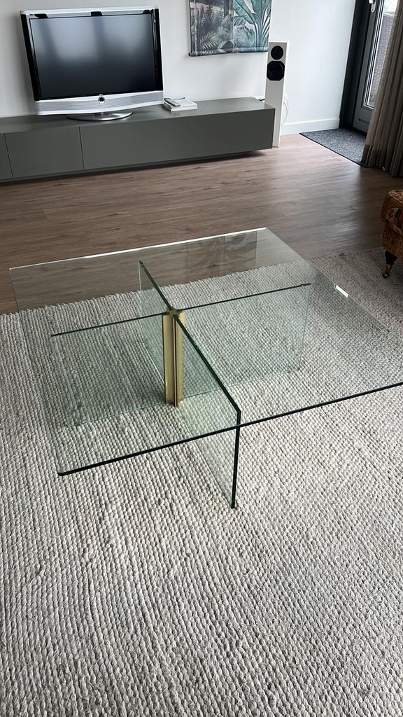 Zware vierkante glazen salontafel, Ophalen, 100 tot 150 cm, Vierkant, 50 tot 100 cm