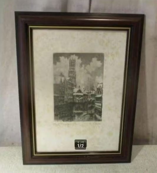 Mooi Oude Ets 'Oud Brugge' - gesigneerd, Antiek en Kunst, Ophalen of Verzenden, Stadsgezicht, Ets, Ingelijst