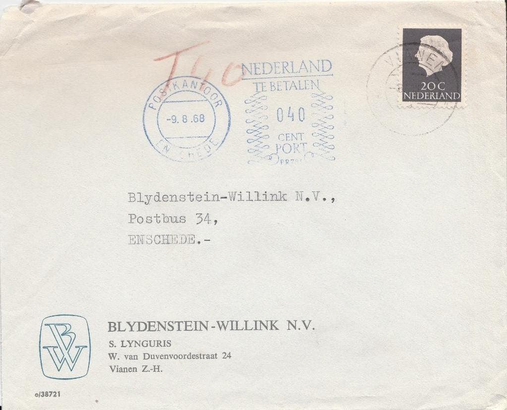 VIANEN 1968 afz BLIJDENSTEIN-WILLINK S. LYNGURIS beport, Verzamelen, Ophalen of Verzenden, 1960 tot 1980, Gelopen, Utrecht
