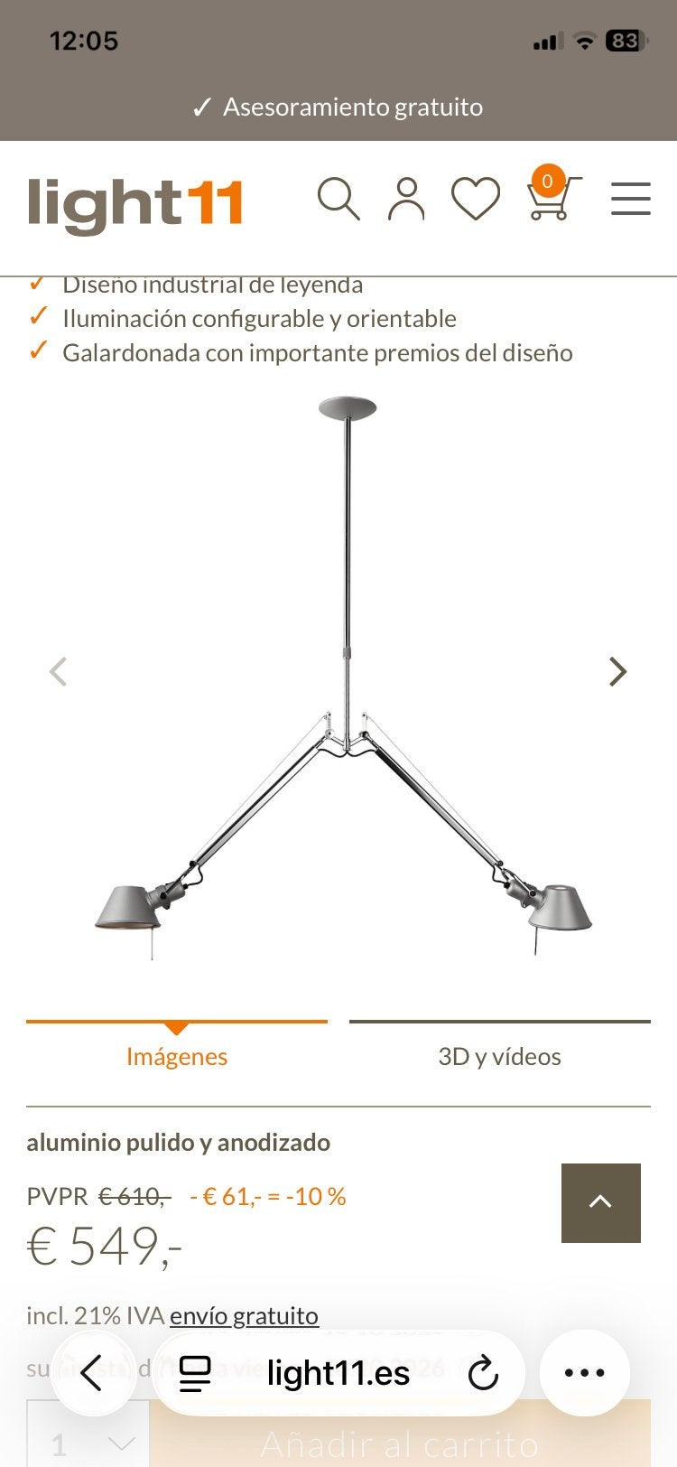 Artemide Tolomeo Due Bracci dubbele hanglamp, design, Huis en Inrichting, Ophalen, Zo goed als nieuw, Metaal