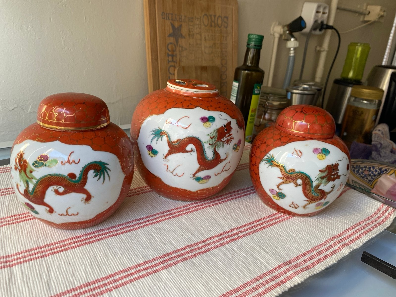 Set van 3 Chinese gemberpotten met drakenmotief, Ophalen