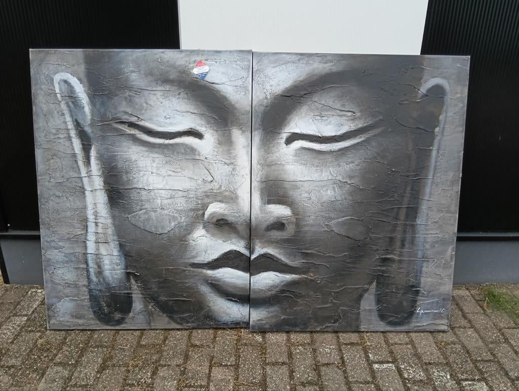 Tweeluik Boeddha Schilderij - Grijs/Zwart Textuur, Ophalen