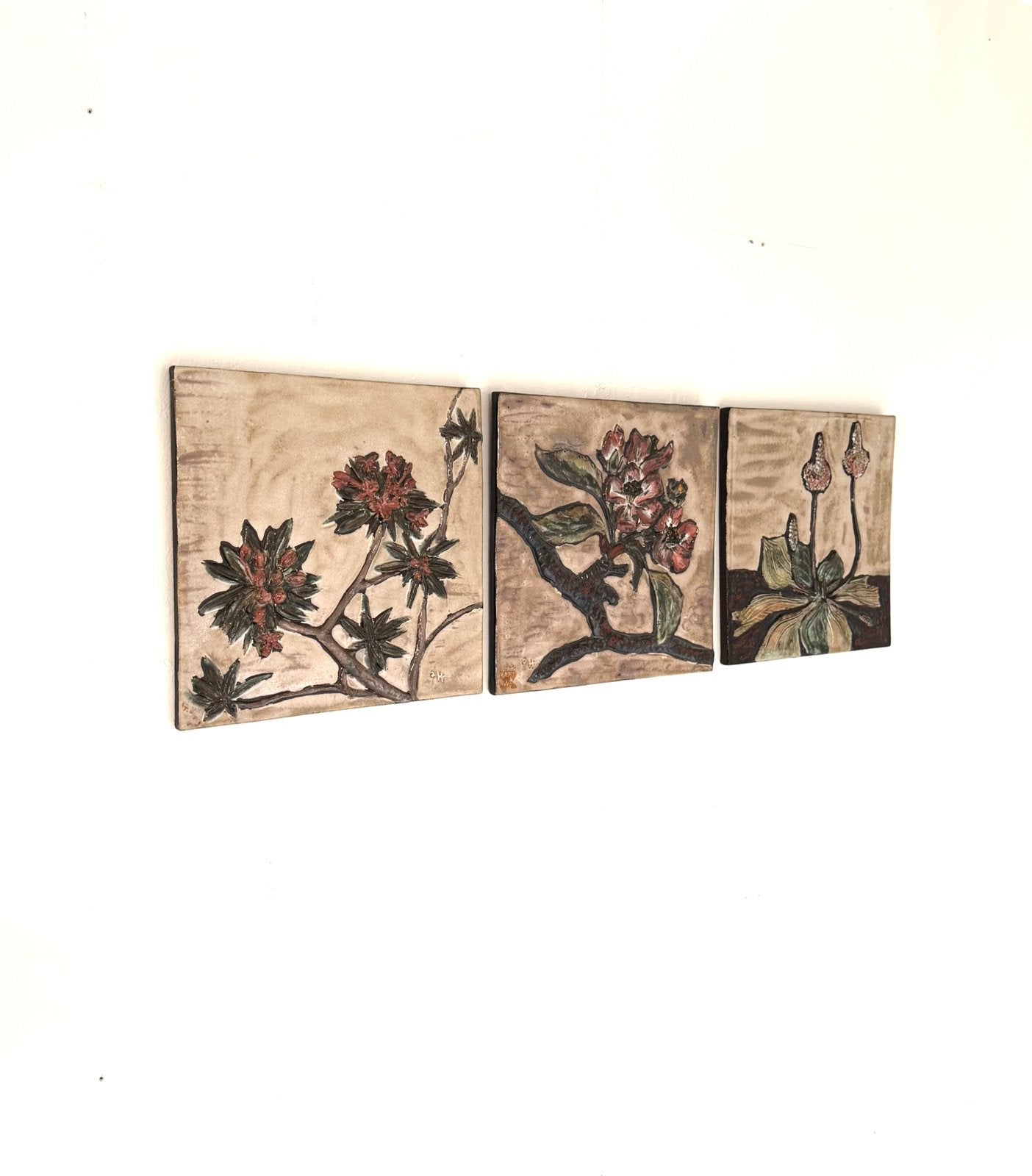 Vintage trio keramieken wandtegels, Ruscha Keramik ‘60, Ruscha Keramik, Handgemaakt, Steen/keramiek, Ophalen of Verzenden