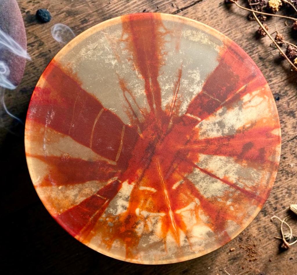 OVERGEDRAGEN Sjamanendrum Waterbuffel 47 cm 2e chakra, Ophalen of Verzenden, Nieuw, Trommel