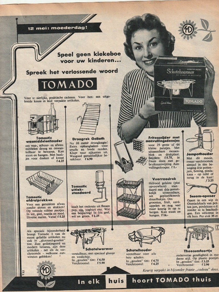 Retro reclame 1958 Tomado schotelwarmer droogrek theecomfoor, Verzenden, Overige typen
