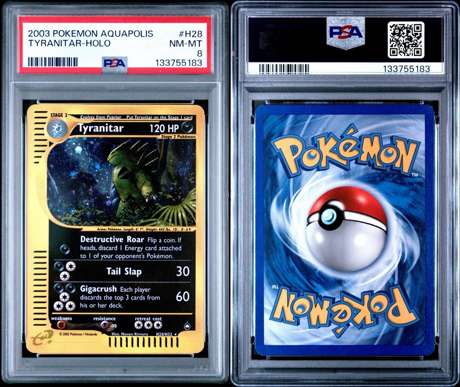 Tyranitar | Aquapolis | Holo H28 | PSA8 Near Mint, Ophalen, Zo goed als nieuw, Losse kaart, Foil