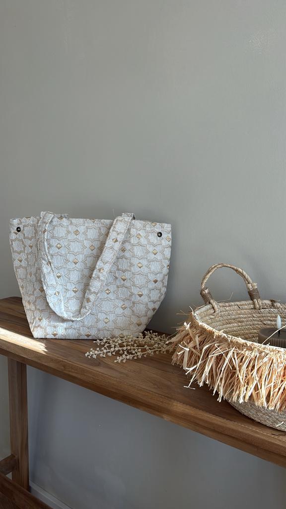 Hangemaakte tas zellige motief Marrakech, Ophalen of Verzenden, Nieuw, Beige, Shopper