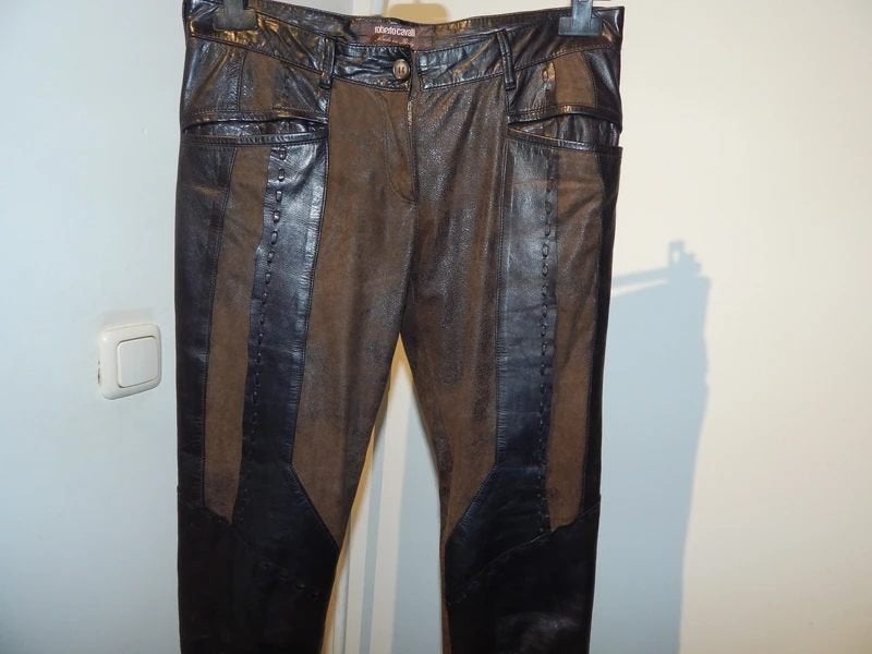 Roberto Cavalli vintage broek bruin bekleed met zacht leer, Bruin, Verzenden, Roberto Cavalli, Maat 34 (XS) of kleiner