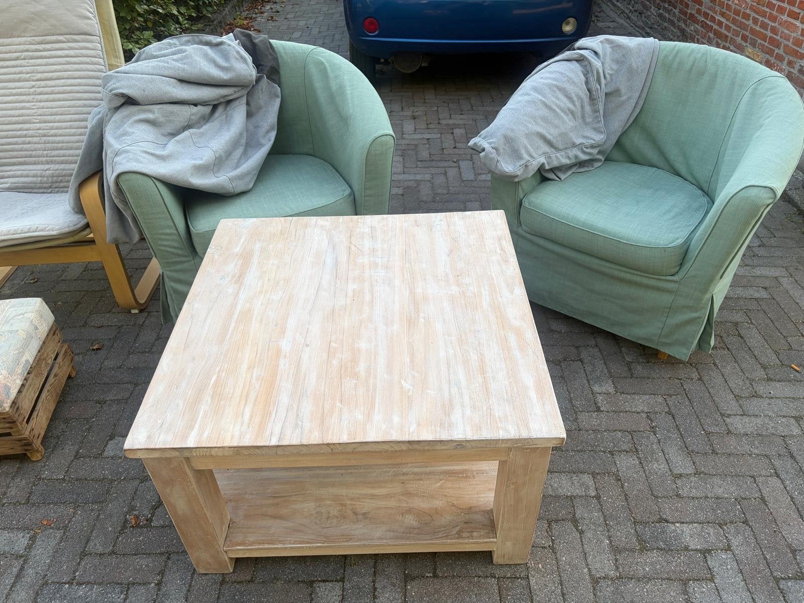 Mooie teakhouten white wash salontafel 80x80x45 cm, Ophalen, Gebruikt, 100 tot 150 cm, 50 tot 100 cm