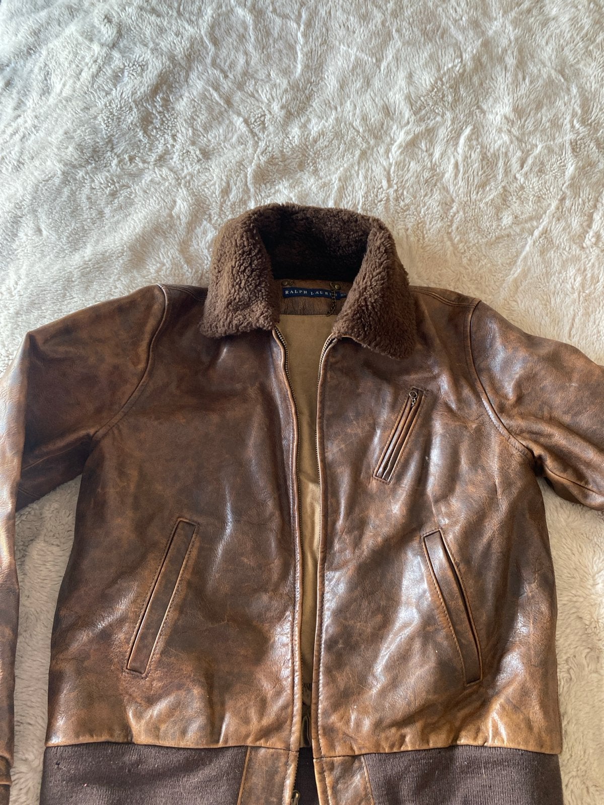 Ralph Lauren Leren Bomberjack met Bontkraag leer bruin M, Ophalen of Verzenden, Gedragen, Maat 48/50 (M), Bruin