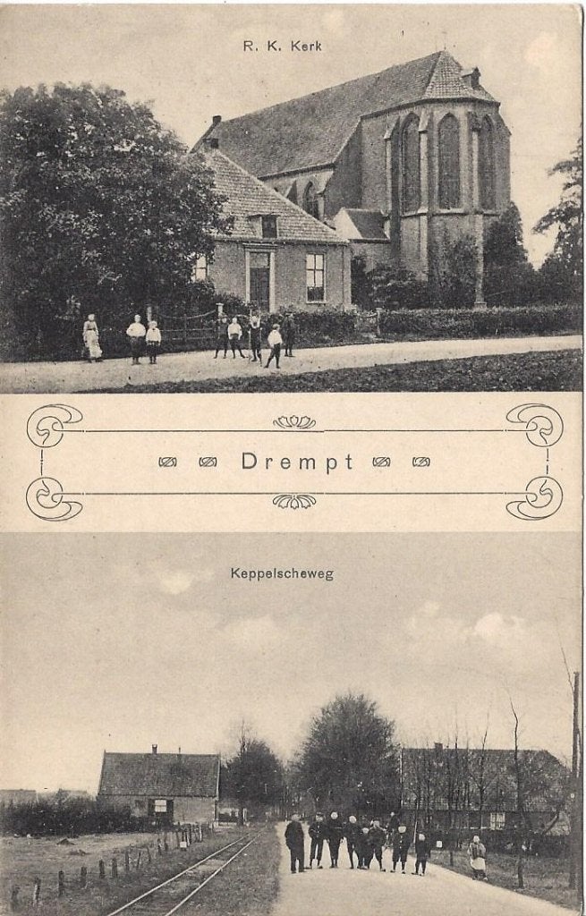 Drempt (Gld.) Keppelscheweg, Kerk, veel Volk, Spoorrails, Ophalen of Verzenden, Voor 1920, Ongelopen, Gelderland