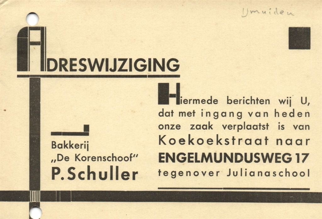 Bakkerij De Korenschoof, IJmuiden - 03.1934 - adreswijziging, Postzegels en Munten, Ophalen of Verzenden, Briefkaart