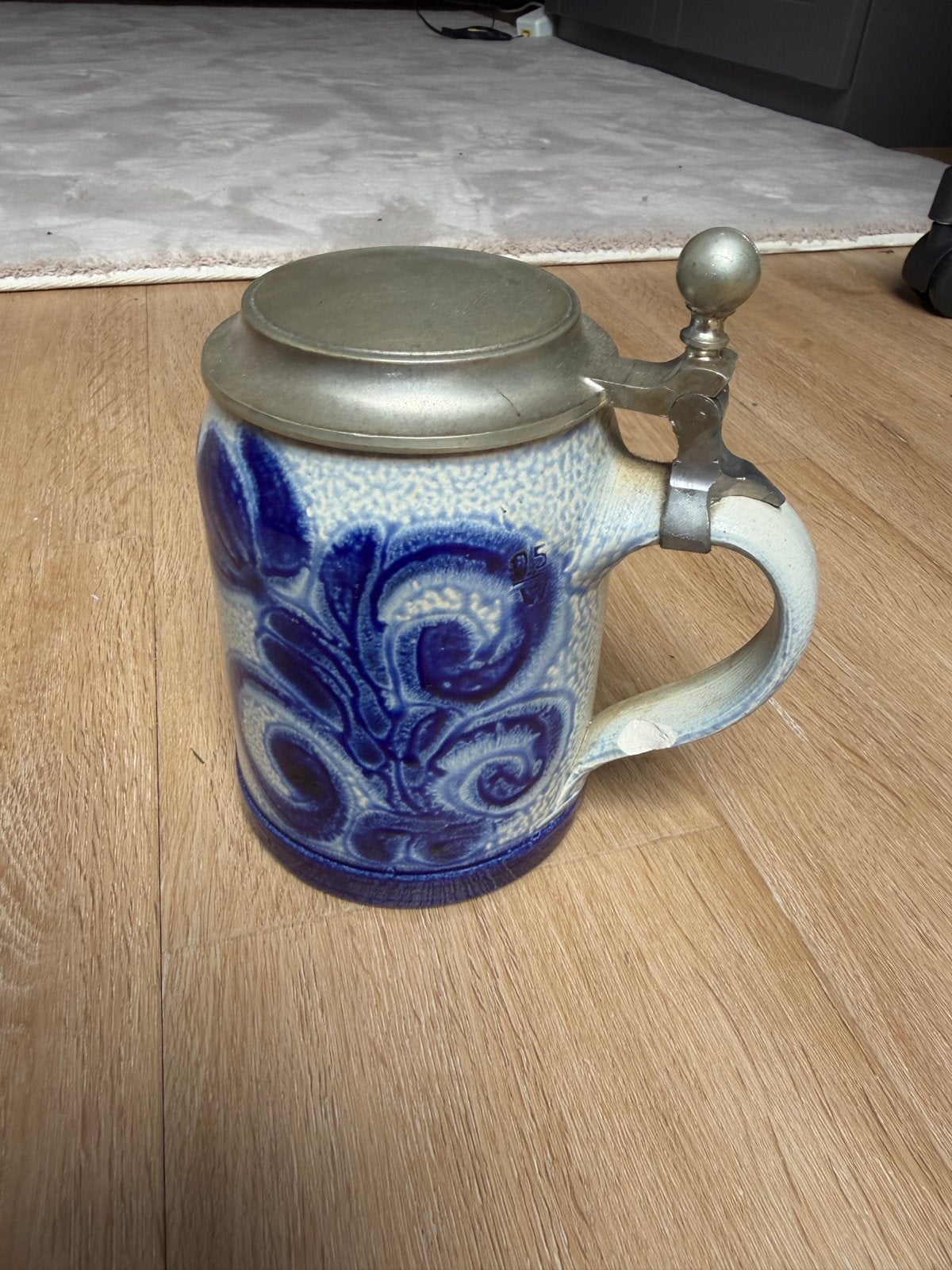 Vintage Bierpul met tinnen deksel - Blauw/Grijs, Antiek en Kunst, Ophalen of Verzenden