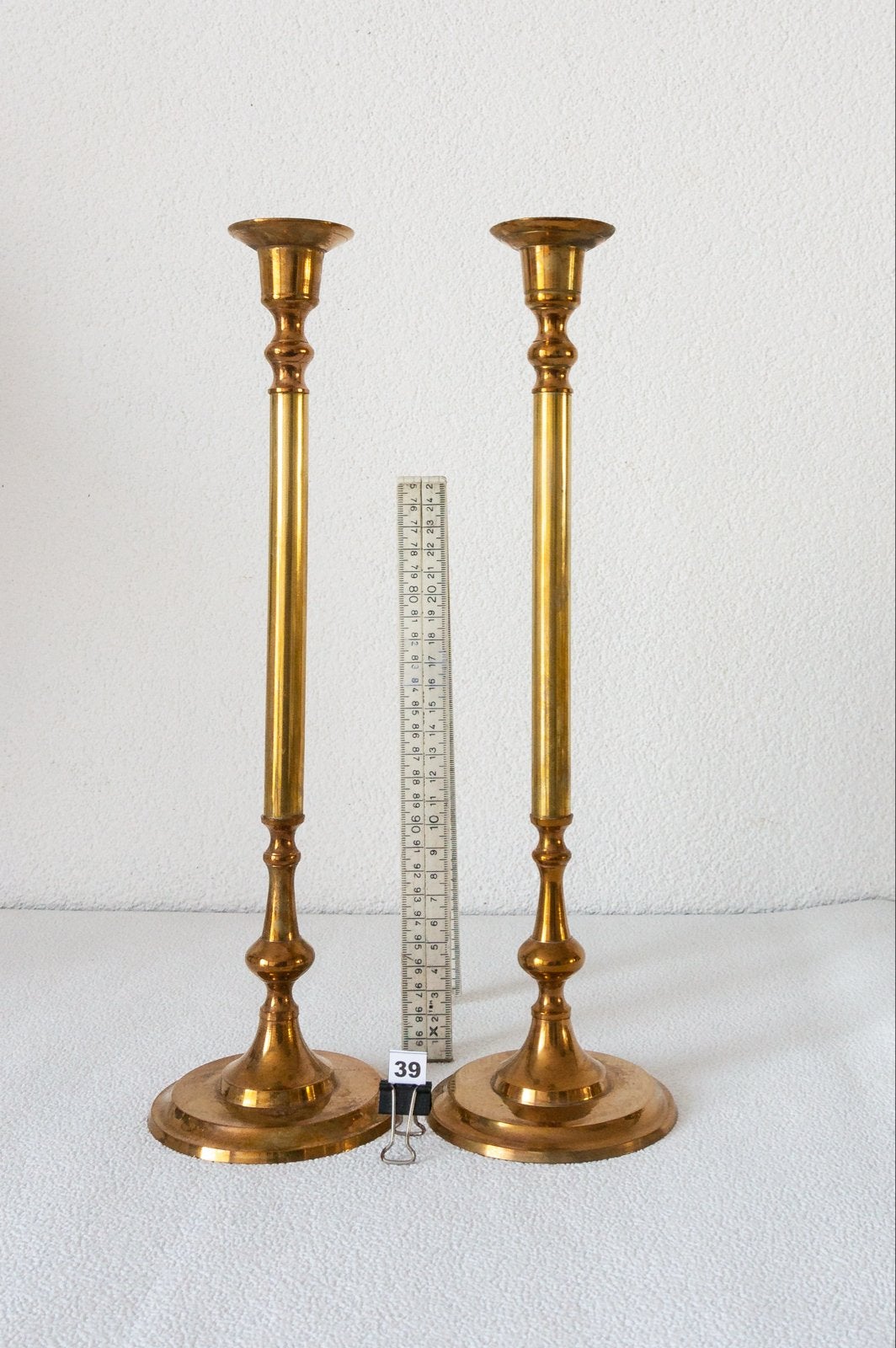 Set van 2 vintage koperen kandelaars, 39 cm hoog, Ophalen, Koper of Brons
