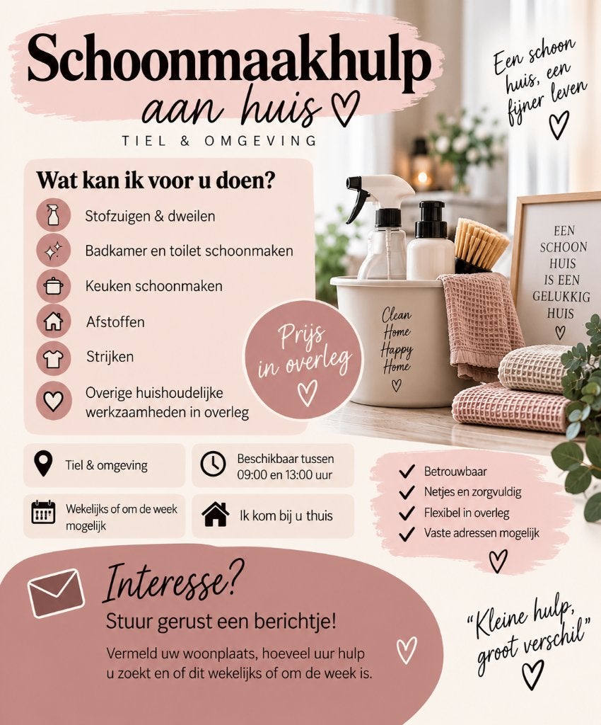 Schoonmaakhulp aan huis – Tiel & omgeving, Overige vormen, Overige niveaus, Geschikt als bijbaan, Overige uren