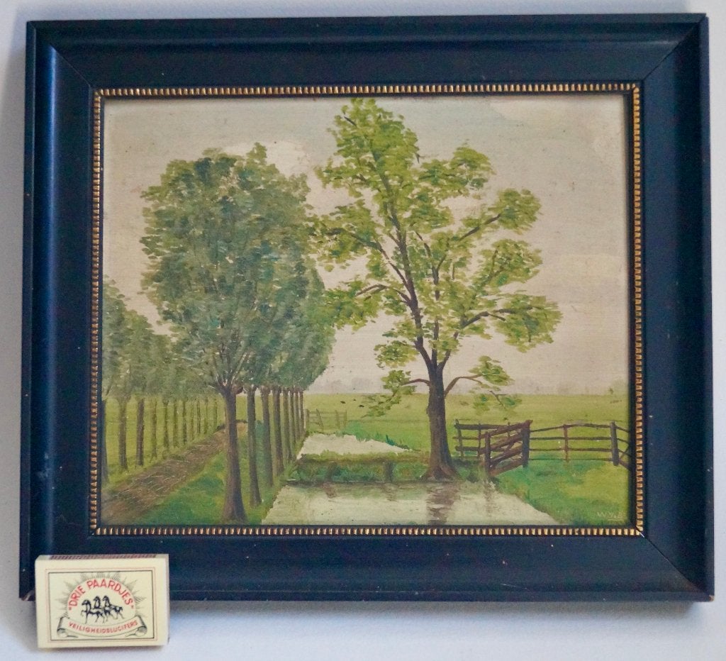 2660 - schilderij Hollands polderlandschap, Paneel, Nederlandse school, Ophalen of Verzenden, Gedateerd