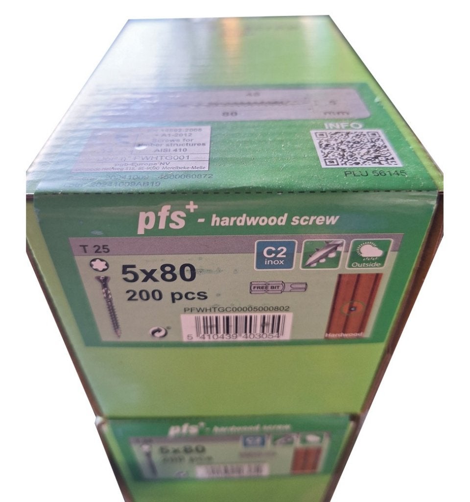 PFS schroeven RVS Hardhoutschroeven 5x80 C2 Torx-25 - doos, Doe-het-zelf en Verbouw, Schroeven, Nieuw, Ophalen of Verzenden, Minder dan 50 mm