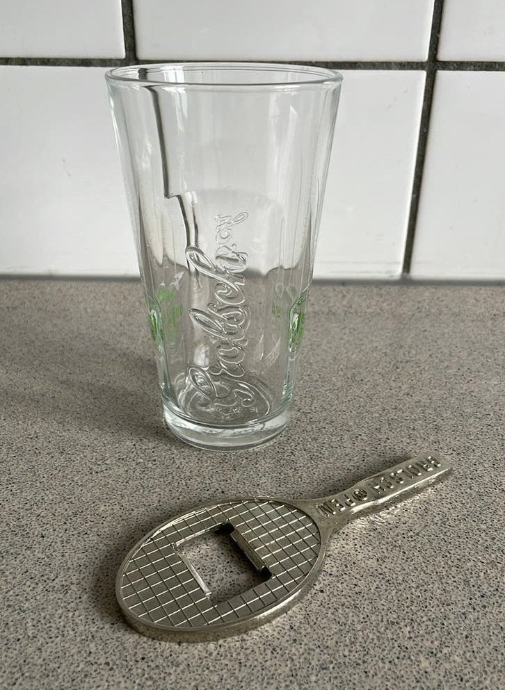 Grolsch bier bierglas 1915 en flesopener tennisracket ATP, Ophalen of Verzenden, Zo goed als nieuw, Glas of Glazen, Grolsch
